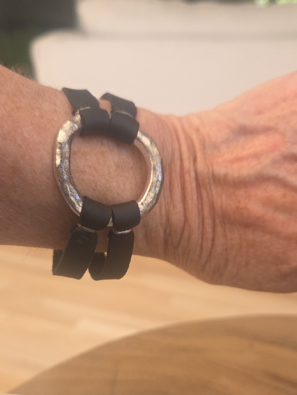 Black Leather Double-Strap Bracelet with Silver Ring